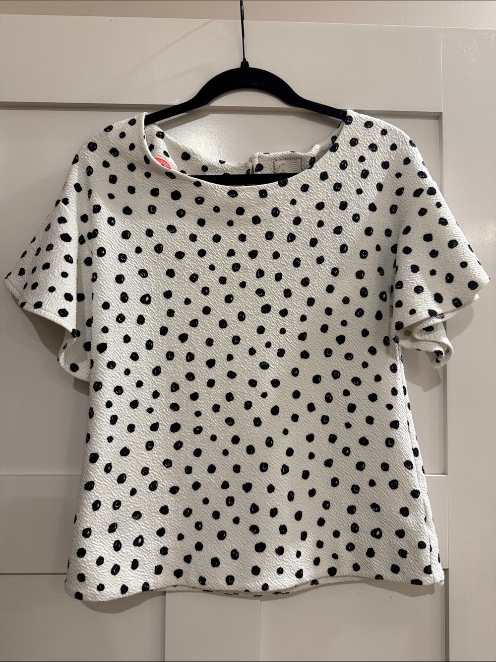 Anthropologie Bubble Crepe Polka Dot Flutter Sleeve Blouse White Black XS